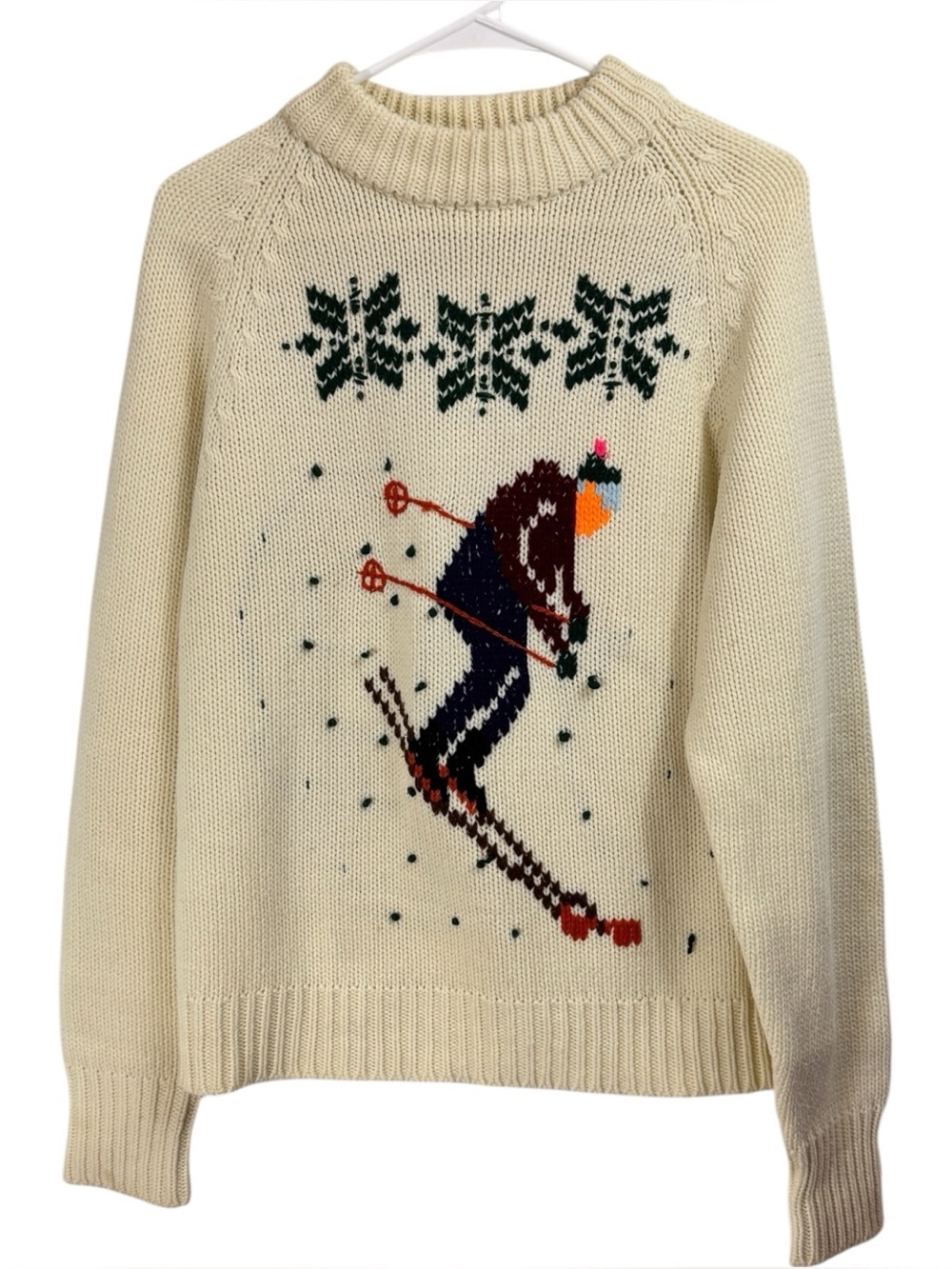 Vintage 80s Revere Sweater Size Medium Cream Downhill Skier Graphic Snowflake